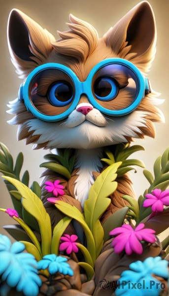 solo,looking at viewer,blue eyes,simple background,animal ears,closed mouth,flower,glasses,artist name,signature,blurry,gradient,gradient background,no humans,animal,watermark,plant,goggles,furry,pink flower,backlighting,freckles,blue flower,blurry foreground,round eyewear,purple flower,animal focus,brown fur,blue-framed eyewear,leaf,sunglasses,brown background,dog