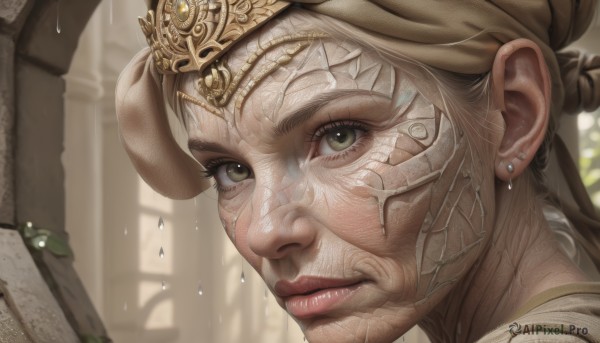 1girl,solo,looking at viewer,blonde hair,jewelry,closed mouth,green eyes,earrings,blurry,lips,wet,eyelashes,blurry background,piercing,portrait,close-up,freckles,realistic,nose,stud earrings,crown,water drop,headdress,scales,pillar