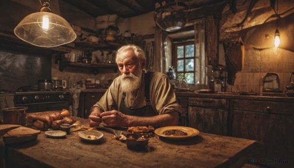 solo,shirt,1boy,holding,sitting,white hair,male focus,food,indoors,apron,cup,window,facial hair,chair,table,knife,beard,plate,sleeves rolled up,bowl,realistic,spoon,mustache,basket,lamp,bread,old,old man,cooking,counter,wooden table,closed eyes,day,bottle,scenery,manly,jar,light bulb,wrinkled skin