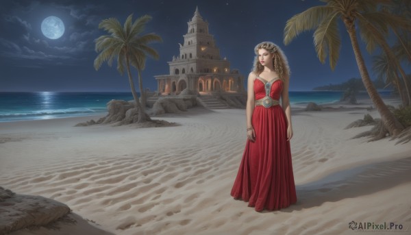 1girl,solo,long hair,breasts,blonde hair,brown hair,dress,cleavage,bare shoulders,jewelry,medium breasts,standing,closed eyes,earrings,outdoors,sky,artist name,cloud,water,bracelet,tree,strapless,makeup,night,ocean,watermark,beach,moon,red dress,lipstick,star (sky),night sky,strapless dress,full moon,sand,palm tree,long dress,castle,full body,signature,tiara,starry sky,curly hair,shore