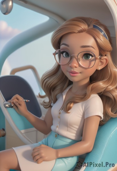 1girl,solo,long hair,breasts,looking at viewer,smile,skirt,brown hair,shirt,holding,jewelry,sitting,closed mouth,green eyes,white shirt,short sleeves,hairband,earrings,small breasts,glasses,day,blurry,lips,blue skirt,buttons,thick eyebrows,ground vehicle,child,motor vehicle,forehead,freckles,black-framed eyewear,cigarette,round eyewear,female child,car,stud earrings,blue hairband,car interior,steering wheel,collarbone,sky,shorts,shiny,artist name,dark skin,dark-skinned female,eyelashes,makeup,blurry background,wavy hair,chair,piercing,nose,brown-framed eyewear,seatbelt