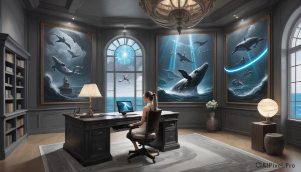 1girl,solo,long hair,short hair,brown hair,black hair,bare shoulders,sitting,ponytail,flower,pantyhose,sky,sleeveless,cloud,indoors,water,book,black pantyhose,window,night,bird,ocean,chair,moon,table,plant,scenery,desk,fish,wooden floor,paper,clock,bookshelf,potted plant,lamp,computer,wide shot,monitor,picture frame,keyboard (computer),office chair,surreal,whale,drawer,ceiling light,dolphin,globe,desk lamp,dress,waves,painting (object),shark