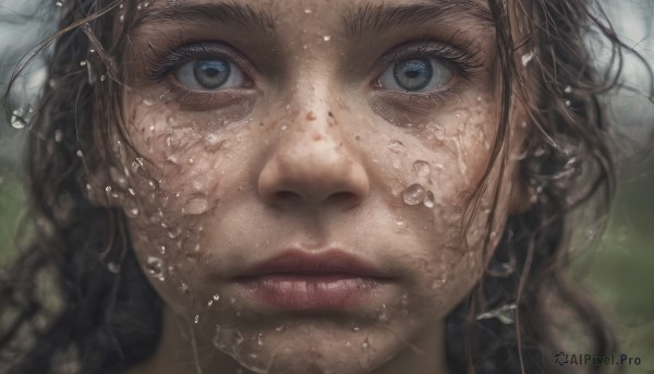 1girl, solo, long hair, looking at viewer, blue eyes, brown hair, closed mouth, water, blurry, lips, eyelashes, portrait, close-up, freckles, underwater, realistic, nose