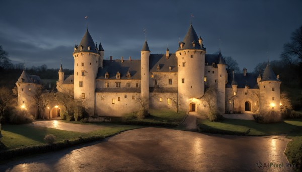 HQ,outdoors,sky,cloud,water,tree,no humans,night,grass,building,nature,night sky,scenery,forest,mountain,road,house,bridge,lamppost,river,castle,tower,lake,path,plant,reflection,fantasy,bush,pond