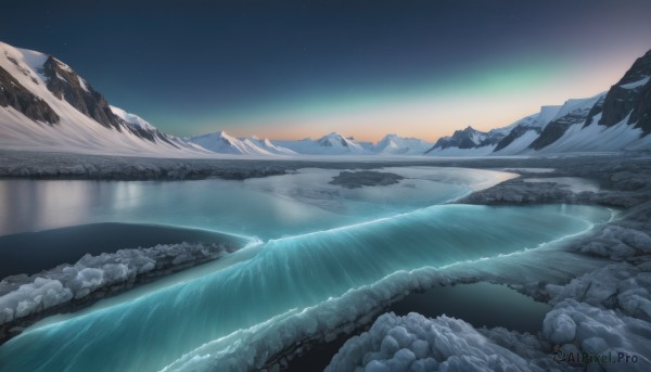 outdoors,sky,cloud,water,tree,no humans,night,star (sky),nature,night sky,scenery,starry sky,reflection,rock,mountain,river,landscape,mountainous horizon,lake,aurora,snow