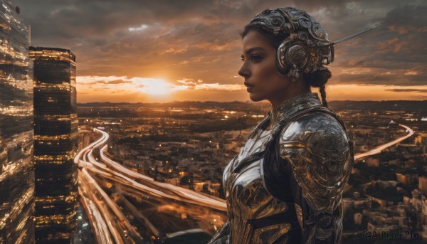 1girl,solo,black hair,upper body,braid,outdoors,sky,cloud,dark skin,armor,from side,dark-skinned female,lips,profile,headgear,sunlight,helmet,cloudy sky,shoulder armor,building,scenery,science fiction,pauldrons,sunset,breastplate,city,fantasy,sun,cityscape,short hair,headphones,realistic