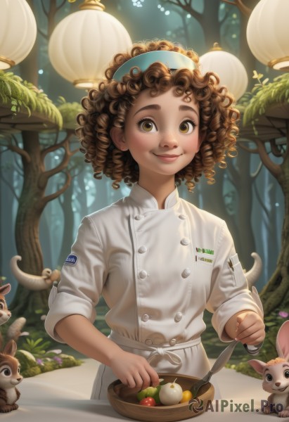 1girl,solo,looking at viewer,smile,short hair,brown hair,holding,brown eyes,closed mouth,upper body,outdoors,food,apron,tree,buttons,fruit,animal,leaf,table,knife,nature,forest,freckles,curly hair,rabbit,realistic,fork,basket,holding knife,mushroom,badge,egg,mouse,squirrel,chef,blush,artist name,lips,watermark,bowl