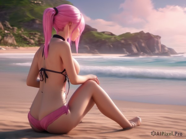 1girl,solo,long hair,breasts,large breasts,bare shoulders,jewelry,sitting,swimsuit,full body,ponytail,pink hair,ass,sidelocks,bikini,thighs,outdoors,sky,shorts,barefoot,day,cloud,virtual youtuber,water,from behind,blue sky,bare legs,sideboob,tattoo,black bikini,ocean,halterneck,back,beach,sandals,knee up,rock,sand,horizon,pink bikini,facing away,earrings,hair tie,shore