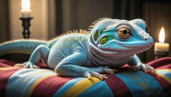 HQ,solo,looking at viewer,brown eyes,closed mouth,tail,full body,lying,indoors,blurry,pillow,no humans,bed,depth of field,blurry background,on bed,fire,on stomach,sharp teeth,curtains,claws,realistic,candle,scales,animal focus,dinosaur,lizard,yellow eyes,colored skin,slit pupils,blue skin