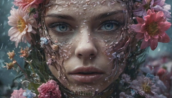 1girl, solo, looking at viewer, blue eyes, brown hair, hair ornament, flower, parted lips, hair flower, water, blurry, lips, eyelashes, portrait, close-up, pink flower, freckles, water drop, realistic, nose