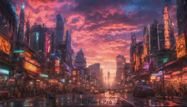 outdoors, sky, cloud, dutch angle, no humans, cloudy sky, ground vehicle, building, scenery, science fiction, sunset, city, sign, road, cityscape, street, skyscraper, city lights, neon lights, crosswalk, vanishing point