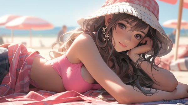 1girl,solo,long hair,breasts,looking at viewer,blush,smile,bangs,skirt,large breasts,brown hair,hat,cleavage,bare shoulders,brown eyes,jewelry,medium breasts,closed mouth,swimsuit,bikini,earrings,outdoors,lying,sky,shorts,solo focus,day,midriff,blurry,bracelet,from side,blue sky,lips,crop top,looking to the side,plaid,depth of field,blurry background,arm support,umbrella,wavy hair,plaid skirt,beach,sunlight,cross,denim,on stomach,towel,bikini top only,hand on own face,sun hat,head rest,sand,straw hat,pink bikini,bangle,shade,sarong,parasol,star earrings,beach umbrella,cross earrings,beach towel,shirt,gloves,hair between eyes,sleeveless,artist name,fingernails,bare arms,ocean,phone,tank top,bottle,denim shorts,pink shirt,pink lips,brown headwear,clothes around waist,dangle earrings