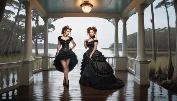 breasts,looking at viewer,smile,short hair,open mouth,multiple girls,brown hair,gloves,dress,2girls,cleavage,bare shoulders,brown eyes,jewelry,medium breasts,standing,closed eyes,pantyhose,earrings,outdoors,frills,choker,water,off shoulder,hair bun,black footwear,black dress,tree,hand on hip,siblings,frilled dress,sisters,reflection,walking,twins,stairs,skirt hold,off-shoulder dress,lamppost,large breasts,flower,necklace,lipstick