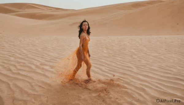 1girl,solo,long hair,breasts,looking at viewer,smile,black hair,dress,bare shoulders,jewelry,medium breasts,standing,closed eyes,outdoors,barefoot,dark skin,water,dark-skinned female,ocean,beach,scenery,walking,sand,desert,footprints,from side,realistic,sepia,waves