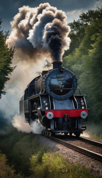 outdoors,sky,day,cloud,tree,military,no humans,cloudy sky,grass,ground vehicle,nature,scenery,motor vehicle,forest,smoke,military vehicle,vehicle focus,train,railroad tracks,blue sky,train station