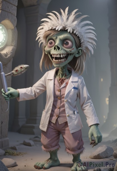 1girl,solo,open mouth,brown hair,red eyes,holding,brown eyes,standing,jacket,shorts,barefoot,teeth,blood,colored skin,feathers,monster girl,child,monster,pajamas,labcoat,green skin,dirty,zombie,horror (theme),full body,male focus,medium hair,vest,buttons,white jacket,skull,rock,bone,cave