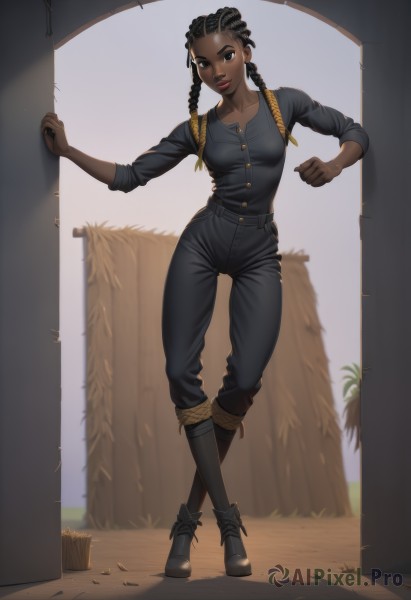 1girl,solo,long hair,breasts,looking at viewer,shirt,black hair,brown eyes,medium breasts,standing,collarbone,full body,braid,boots,parted lips,pants,artist name,dark skin,black footwear,black eyes,twin braids,dark-skinned female,lips,black shirt,makeup,buttons,shadow,watermark,black pants,knee boots,clenched hand,web address,forehead,sleeves rolled up,clenched hands,walking,nose,very dark skin,dreadlocks,smile,long sleeves,closed mouth,multicolored hair,shoes,crossed legs,denim,undercut,sleeves pushed up