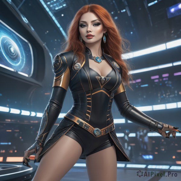 1girl,solo,long hair,breasts,looking at viewer,blue eyes,brown hair,gloves,long sleeves,cleavage,jewelry,medium breasts,standing,cowboy shot,earrings,parted lips,shorts,belt,artist name,orange hair,blurry,leotard,lips,grey eyes,short shorts,bodysuit,makeup,blurry background,black shorts,lipstick,eyeshadow,science fiction,red lips,eyeliner,large breasts,thighs,red hair,black gloves,necklace,wavy hair,gauntlets,contrapposto,realistic,black bodysuit,superhero