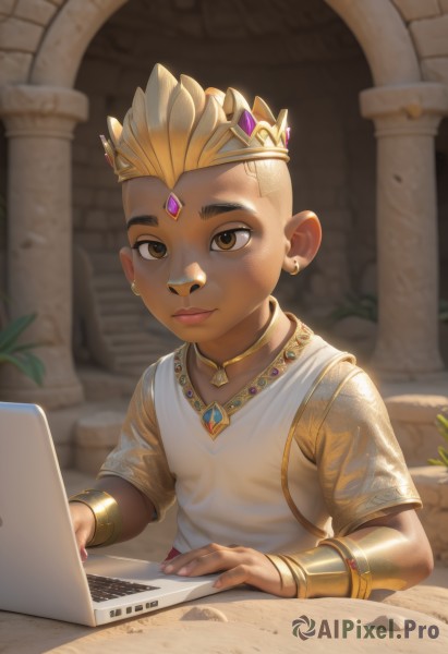 solo,looking at viewer,smile,short hair,shirt,1boy,brown eyes,jewelry,closed mouth,upper body,short sleeves,male focus,earrings,indoors,dark skin,necklace,blurry,bracelet,fingernails,blurry background,piercing,table,dark-skinned male,aged down,crown,gem,child,bracer,computer,male child,very short hair,pillar,laptop,1girl,blonde hair,yellow eyes,lips,plant,ear piercing,neck ring,gorget,column,gold choker