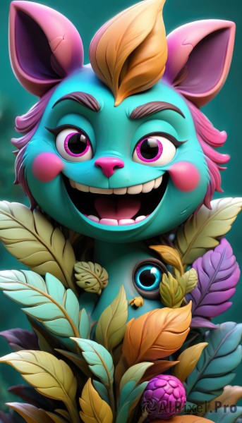 solo,looking at viewer,smile,open mouth,animal ears,purple eyes,pink hair,flower,:d,teeth,artist name,pink eyes,blurry,no humans,leaf,blush stickers,happy,plant,portrait,furry,green background,creature,buck teeth,1girl,upper body,mouse ears,furry female