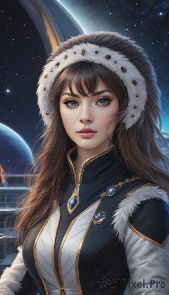 1girl,solo,long hair,breasts,looking at viewer,bangs,blue eyes,brown hair,jewelry,medium breasts,closed mouth,upper body,sky,artist name,necklace,lips,grey eyes,fur trim,makeup,night,lipstick,gem,star (sky),night sky,pendant,starry sky,freckles,realistic,nose,red lips,space,planet,parted lips,eyelashes