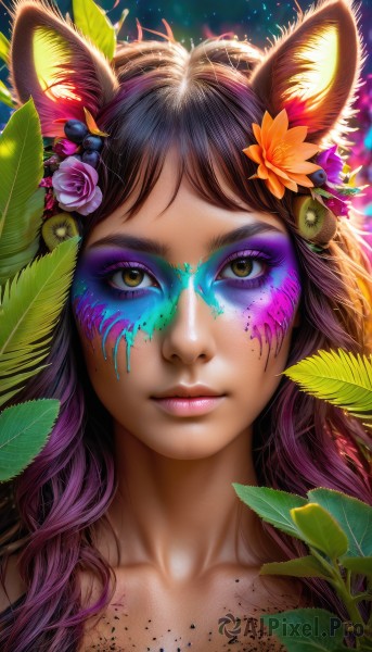 1girl,solo,long hair,looking at viewer,bangs,brown hair,hair ornament,animal ears,brown eyes,closed mouth,collarbone,yellow eyes,upper body,purple hair,flower,multicolored hair,artist name,hair flower,lips,animal ear fluff,fox ears,eyelashes,bell,gradient hair,makeup,leaf,watermark,facial mark,plant,lipstick,portrait,web address,pink flower,eyeshadow,freckles,pink lips,realistic,nose,purple flower,eyeliner,whisker markings,facepaint,mascara,paint splatter,black hair