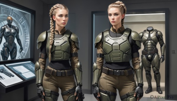 1girl,long hair,looking at viewer,blue eyes,blonde hair,gloves,standing,weapon,braid,cowboy shot,black gloves,belt,pants,fingerless gloves,armor,uniform,lips,gun,looking to the side,military,single braid,multiple views,helmet,robot,shoulder armor,hair over shoulder,science fiction,pauldrons,breastplate,realistic,door,brown pants,shoulder pads,power armor,helmet removed,variations,bulletproof vest,breasts,full body,boots,parted lips,indoors,makeup,braided ponytail,nose,arms at sides,brown belt,computer,laptop,concept art