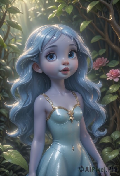 1girl,solo,long hair,breasts,looking at viewer,open mouth,blue eyes,dress,bare shoulders,blue hair,collarbone,flower,small breasts,outdoors,parted lips,teeth,sleeveless,artist name,tree,lips,see-through,sleeveless dress,blue dress,colored skin,leaf,sunlight,plant,child,nature,forest,blue skin,female child,bangs,standing,day,shiny,bare arms,eyelashes,watermark,wavy hair,pink flower,freckles,shiny clothes,light rays,nose,arms at sides