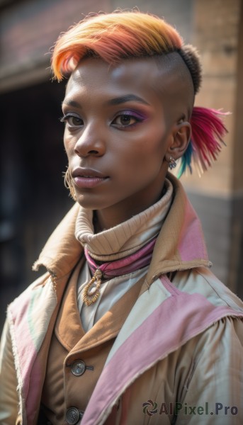 1girl,solo,looking at viewer,smile,short hair,blonde hair,brown eyes,jewelry,jacket,upper body,multicolored hair,earrings,parted lips,dark skin,necklace,orange hair,blurry,vest,two-tone hair,dark-skinned female,lips,eyelashes,makeup,blurry background,feathers,lipstick,eyeshadow,freckles,realistic,nose,eyeliner,very short hair,very dark skin,red hair,teeth,turtleneck,piercing,ear piercing,mascara