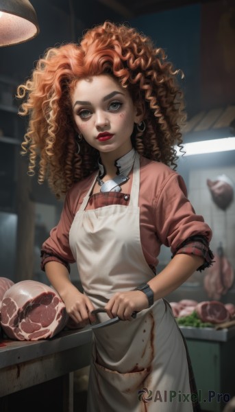 1girl,solo,long hair,looking at viewer,brown hair,shirt,holding,jewelry,cowboy shot,earrings,food,indoors,necklace,orange hair,blurry,apron,lips,grey eyes,blood,makeup,depth of field,blurry background,knife,lipstick,sleeves rolled up,freckles,curly hair,watch,red lips,holding knife,wristwatch,blood on clothes,big hair,meat,kitchen,sleeves pushed up,cutting board,blue eyes,standing,parted lips,artist name,hoop earrings,realistic,nose,kitchen knife