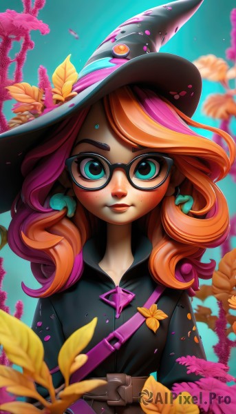 1girl,solo,long hair,looking at viewer,smile,bangs,blue eyes,hair ornament,hat,jewelry,closed mouth,green eyes,upper body,pink hair,flower,red hair,multicolored hair,earrings,outdoors,glasses,day,belt,artist name,signature,bag,orange hair,mole,blurry,two-tone hair,aqua eyes,tree,lips,streaked hair,eyelashes,black headwear,makeup,witch hat,depth of field,swept bangs,leaf,watermark,blue background,thick eyebrows,plant,lipstick,gem,mole under mouth,web address,buckle,eyeshadow,freckles,black-framed eyewear,curly hair,pouch,belt buckle,shoulder bag,nose,witch,strap,mascara,deviantart username