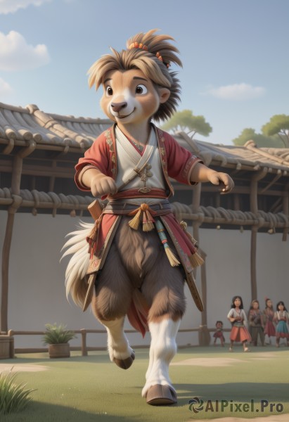 1girl,smile,multiple girls,brown hair,hair ornament,animal ears,brown eyes,closed mouth,standing,tail,full body,ponytail,weapon,male focus,outdoors,japanese clothes,multiple boys,sky,solo focus,day,sword,black eyes,tree,blue sky,sash,grass,sheath,child,rope,furry,walking,sheathed,furry female,furry male,male child,body fur,east asian architecture,topknot,short hair,skirt,1boy,holding,cloud,looking to the side,shadow,plant,faceless,running,fence,potted plant,architecture,multiple others,brown fur,taur,people