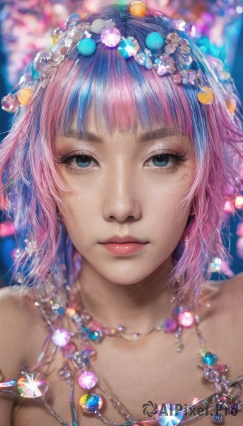 1girl,solo,looking at viewer,short hair,bangs,blue eyes,hair ornament,bare shoulders,jewelry,closed mouth,blue hair,upper body,pink hair,multicolored hair,artist name,necklace,blurry,lips,eyelashes,makeup,depth of field,blurry background,watermark,gem,portrait,web address,close-up,realistic,nose,pearl (gemstone),breasts,collarbone,purple hair,shiny,blunt bangs,shiny hair,streaked hair,gradient hair,expressionless,light particles,freckles,pink lips,straight-on,bokeh,blue gemstone,mascara