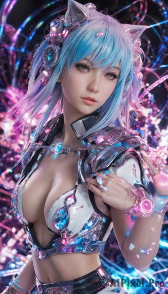 1girl,solo,long hair,breasts,looking at viewer,bangs,hair ornament,navel,animal ears,cleavage,jewelry,medium breasts,blue hair,upper body,parted lips,midriff,cat ears,nail polish,blurry,bracelet,lips,grey eyes,fake animal ears,headgear,ring,realistic,nose,animal ear headphones,cat ear headphones,blue eyes,jacket,belt,makeup,headphones,watermark,science fiction,cyberpunk