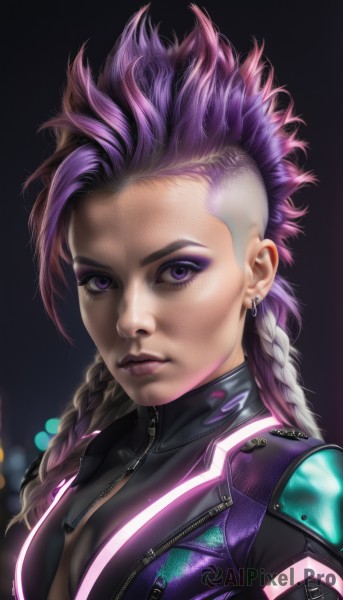 1girl,solo,long hair,breasts,looking at viewer,jewelry,closed mouth,purple eyes,jacket,upper body,pink hair,purple hair,braid,white hair,multicolored hair,earrings,artist name,twin braids,two-tone hair,lips,eyelashes,bodysuit,makeup,piercing,lipstick,ear piercing,portrait,eyeshadow,zipper,realistic,nose,stud earrings,eyeliner,purple lips,mascara,medium breasts,open clothes,dark skin,official alternate costume,dark-skinned female,spiked hair,black background,asymmetrical hair,undercut,dark background,cyberpunk