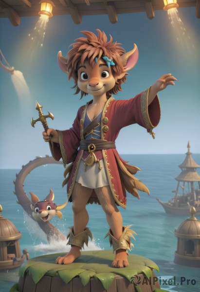 solo,looking at viewer,smile,short hair,brown hair,hair ornament,1boy,holding,animal ears,brown eyes,closed mouth,standing,tail,full body,male focus,outdoors,japanese clothes,horns,sky,barefoot,solo focus,day,wide sleeves,water,black eyes,blue sky,sash,child,furry,lantern,furry male,watercraft,male child,ship,boat,open mouth,jewelry,weapon,artist name,watermark,web address,claws,fish,fantasy,anklet,snout,brown fur,deer ears