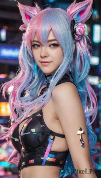 1girl,solo,long hair,breasts,looking at viewer,smile,bangs,blue eyes,hair ornament,animal ears,hair between eyes,bare shoulders,medium breasts,blue hair,upper body,pink hair,multicolored hair,midriff,blurry,from side,two-tone hair,lips,crop top,fox ears,tattoo,makeup,blurry background,eyeshadow,zipper,nose,cleavage,closed mouth,sleeveless,cat ears,signature,collar,grey eyes,eyelashes,gradient hair,fake animal ears,realistic,mascara