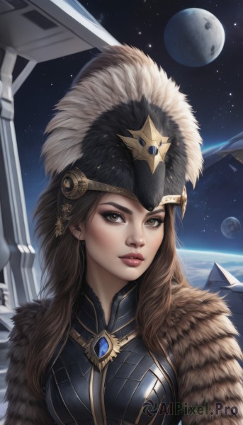 1girl,solo,long hair,breasts,looking at viewer,brown hair,hat,brown eyes,jewelry,medium breasts,upper body,parted lips,sky,signature,lips,fur trim,makeup,moon,star (sky),starry sky,science fiction,realistic,nose,red lips,space,planet,fur hat,earth (planet),spacecraft,artist name,armor,helmet,gem,fur