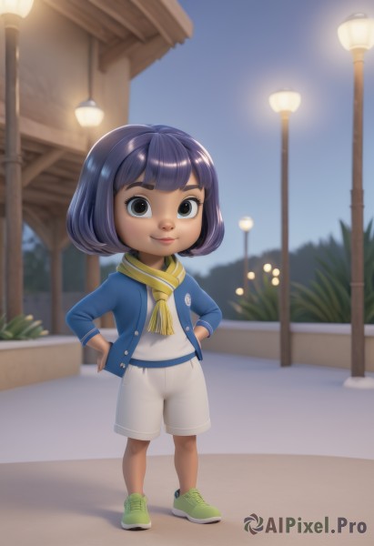 1girl,solo,looking at viewer,smile,short hair,bangs,shirt,black hair,long sleeves,brown eyes,closed mouth,standing,jacket,full body,white shirt,purple hair,outdoors,open clothes,sky,shoes,shorts,day,artist name,dark skin,blunt bangs,scarf,blurry,black eyes,open jacket,dark-skinned female,lips,neckerchief,night,blurry background,bob cut,blue shirt,blue jacket,sneakers,child,personification,hands on hips,white shorts,female child,road,lamppost,green footwear,street,yellow scarf,nose