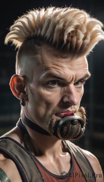 solo,looking at viewer,blonde hair,shirt,1boy,jewelry,closed mouth,collarbone,upper body,male focus,earrings,choker,artist name,blurry,lips,grey eyes,tattoo,blurry background,facial hair,piercing,tank top,portrait,beard,realistic,nose,mustache,old,grenade,brown eyes,headphones,mouth hold,mohawk