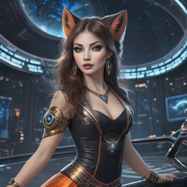 1girl,solo,long hair,breasts,looking at viewer,blue eyes,skirt,large breasts,brown hair,shirt,black hair,animal ears,cleavage,bare shoulders,jewelry,medium breasts,upper body,hairband,earrings,parted lips,sleeveless,belt,indoors,cat ears,necklace,mole,blurry,bracelet,lips,black shirt,eyelashes,makeup,depth of field,blurry background,fake animal ears,wavy hair,ring,lipstick,gem,forehead,armlet,pendant,eyeshadow,science fiction,realistic,nose,red lips,eyeliner,bangs,dress,closed mouth,artist name,nail polish,parted bangs,fox ears,night,arm support,black nails,orange skirt,gold,brown nails