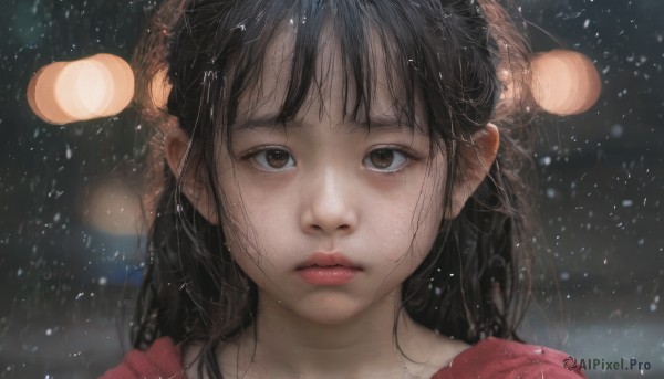 1girl,solo,long hair,looking at viewer,bangs,brown hair,black hair,brown eyes,closed mouth,blurry,lips,depth of field,blurry background,expressionless,messy hair,portrait,snow,close-up,rain,snowing,realistic,nose,bokeh,shirt,outdoors,eyelashes,night,red shirt,straight-on