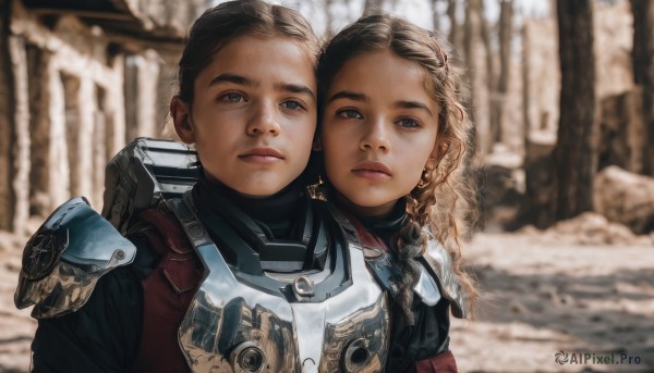 1girl,long hair,looking at viewer,brown hair,1boy,brown eyes,closed mouth,upper body,braid,hetero,outdoors,armor,blurry,lips,hug,blurry background,siblings,shoulder armor,freckles,science fiction,realistic,brother and sister,short hair,multiple girls,black hair,2girls,jewelry,earrings,dark skin,dark-skinned female,child,portrait,pauldrons