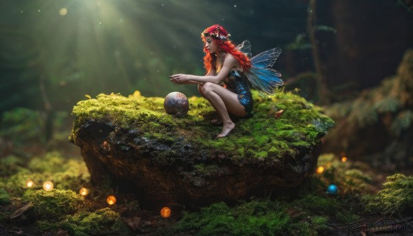 1girl,solo,long hair,breasts,hair ornament,dress,bare shoulders,sitting,braid,flower,red hair,outdoors,wings,barefoot,pointy ears,hair flower,blurry,tree,bare legs,strapless,depth of field,sunlight,squatting,grass,bug,plant,nature,scenery,forest,light rays,rock,realistic,fairy wings,fairy,sunbeam,butterfly wings,moss,day,nail polish,black dress,from side,lips,bare arms,profile,blurry background,blue dress,short dress,pale skin,strapless dress,light particles,curly hair,minigirl,fantasy,head wreath