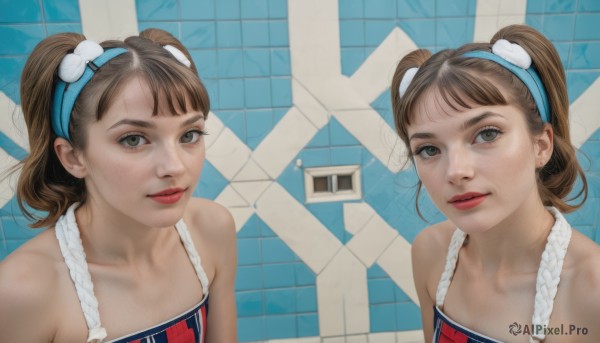 1girl,looking at viewer,bangs,multiple girls,brown hair,2girls,bare shoulders,twintails,brown eyes,closed mouth,collarbone,upper body,hairband,lips,makeup,multiple views,siblings,sisters,freckles,twins,realistic,red lips,blue hairband,tile wall,comparison,short hair,hair ornament,jewelry,earrings,parted lips,grey eyes,lipstick,nose,hair behind ear