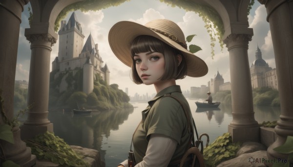 1girl,solo,breasts,looking at viewer,short hair,bangs,brown hair,shirt,black hair,long sleeves,hat,brown eyes,closed mouth,white shirt,upper body,short sleeves,outdoors,sky,day,collared shirt,looking back,cloud,blunt bangs,water,bag,black eyes,from side,tree,blue sky,lips,looking to the side,grey eyes,leaf,bob cut,cloudy sky,plant,building,scenery,sun hat,nose,straw hat,short over long sleeves,pillar,castle,statue,boat,arch,floating island,blue eyes,parted lips,fantasy,watercraft,bridge,tower