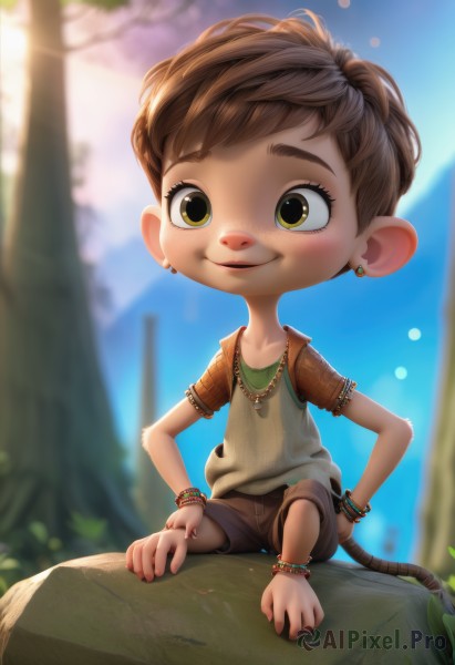 1girl,solo,smile,short hair,brown hair,shirt,1boy,animal ears,brown eyes,jewelry,sitting,tail,full body,yellow eyes,short sleeves,male focus,earrings,outdoors,shorts,barefoot,day,necklace,blurry,bracelet,feet,tree,toes,blurry background,child,furry,freckles,anklet,male child,brown shorts,tree stump,open mouth,collarbone,parted lips,sky,artist name,vest,flat chest,blue sky,fingernails,depth of field,thick eyebrows,grass,rock,mouse ears,green shirt,furry female,mouse tail,plaid shirt