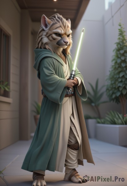 solo,1boy,holding,animal ears,brown eyes,standing,full body,weapon,male focus,belt,sword,artist name,indoors,hood,holding weapon,blurry,holding sword,plant,furry,robe,potted plant,furry male,energy sword,hooded robe,lightsaber,long sleeves,closed mouth,teeth,pants,blurry background,hood down,sheath,claws,colored sclera,furry female,whiskers,snout