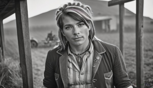 1girl,solo,long hair,looking at viewer,smile,bangs,shirt,1boy,jewelry,closed mouth,jacket,monochrome,upper body,greyscale,male focus,multicolored hair,outdoors,open clothes,striped,collared shirt,necklace,blurry,two-tone hair,open jacket,streaked hair,depth of field,blurry background,ground vehicle,motor vehicle,sleeves rolled up,freckles,striped shirt,realistic,car,earrings,teeth,artist name,signature,vest,asymmetrical bangs