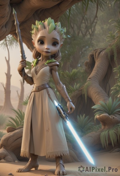 1girl,solo,breasts,looking at viewer,dress,holding,cleavage,brown eyes,jewelry,standing,full body,weapon,outdoors,sword,artist name,holding weapon,white dress,armor,tree,leaf,holding sword,plant,monster girl,child,nature,forest,fantasy,bracer,glowing weapon,energy sword,lightsaber,long hair,smile,open mouth,blonde hair,teeth,pointy ears,high heels,mushroom,dirty,alien,dirty feet